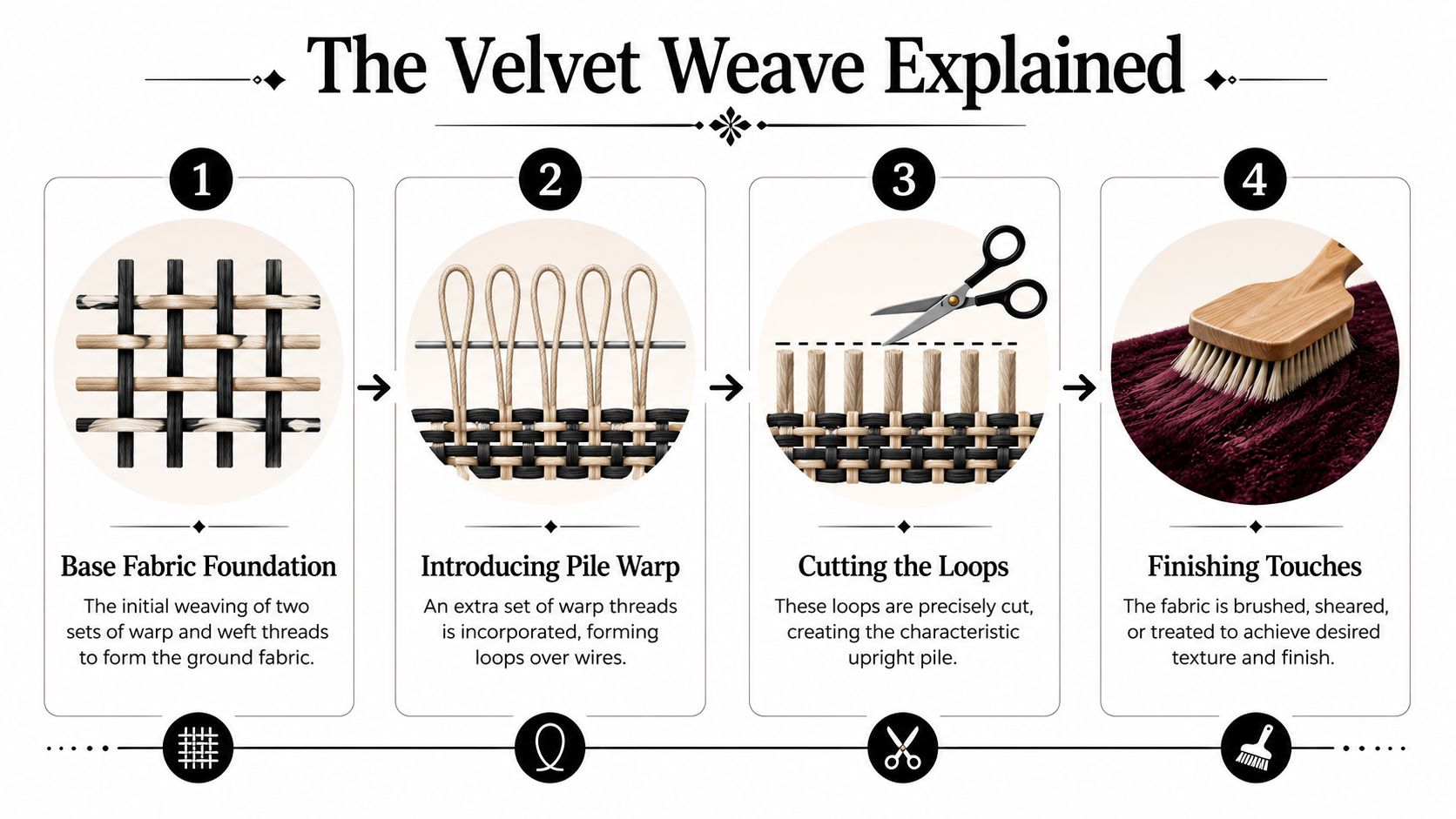 A four-step infographic explaining the velvet weaving process from base fabric to the final brushed texture.