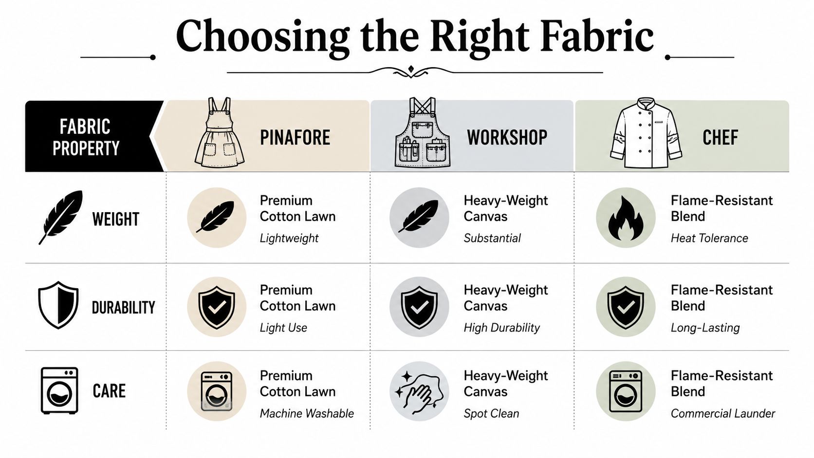 A chart comparing fabric types for aprons by weight, durability, and care instructions for three styles.