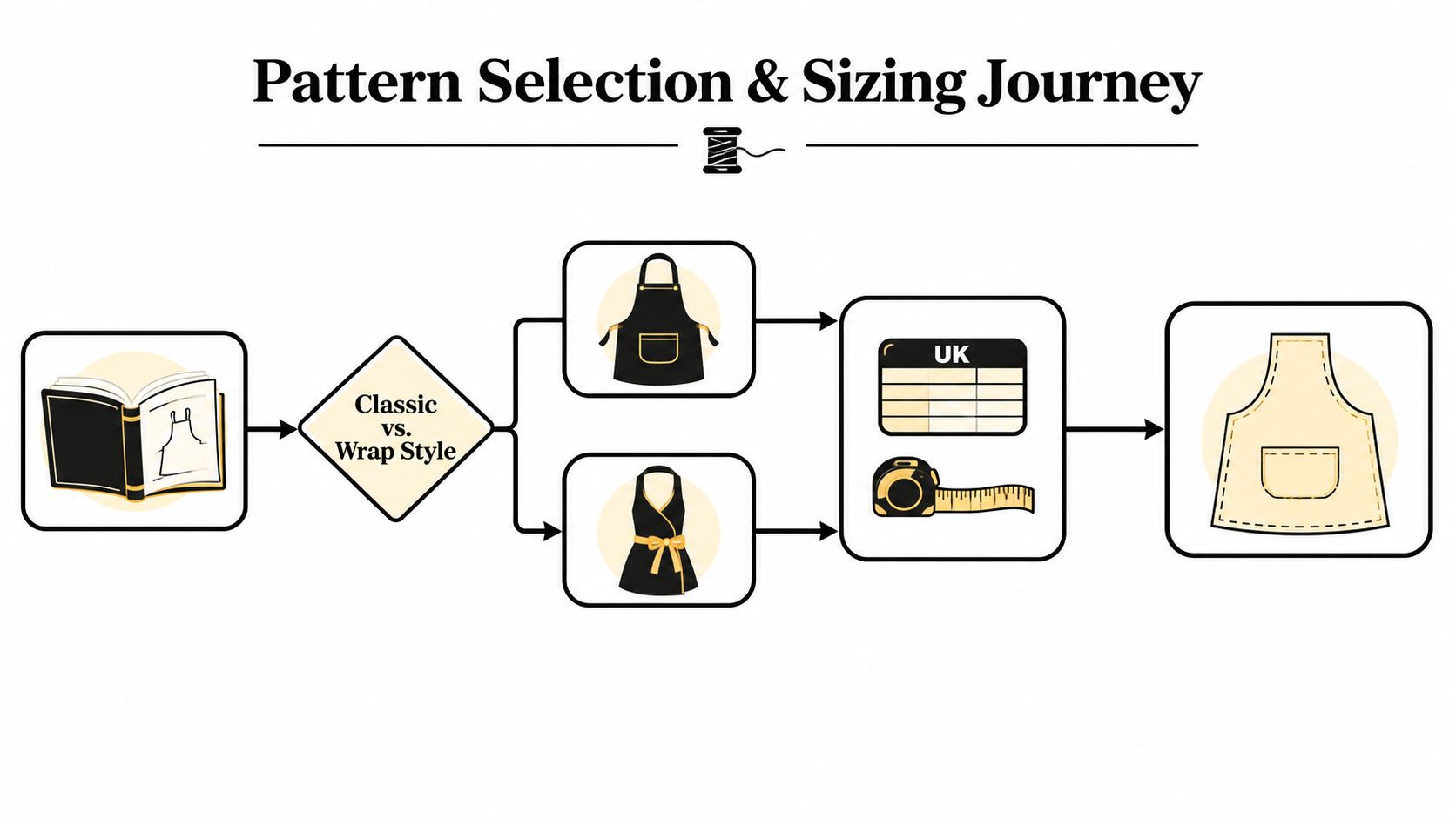 A diagram illustrating the pattern selection and sizing journey for creating custom handmade aprons.