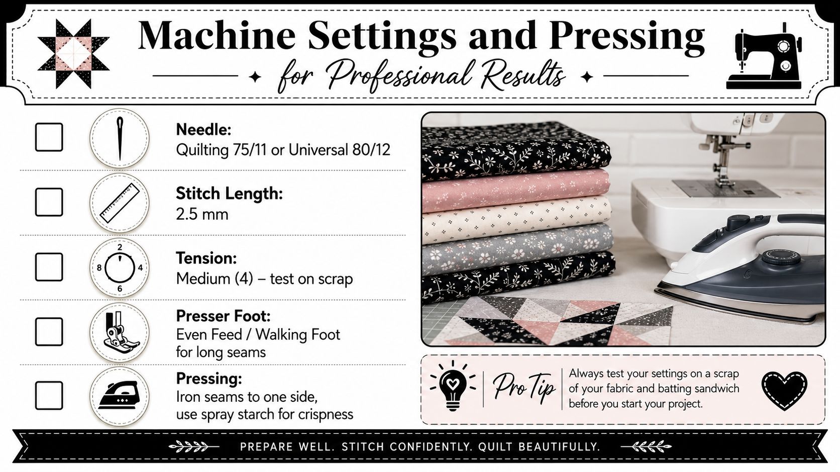 An infographic detailing essential machine settings and pressing tips for professional quilting results using sewing fabric.