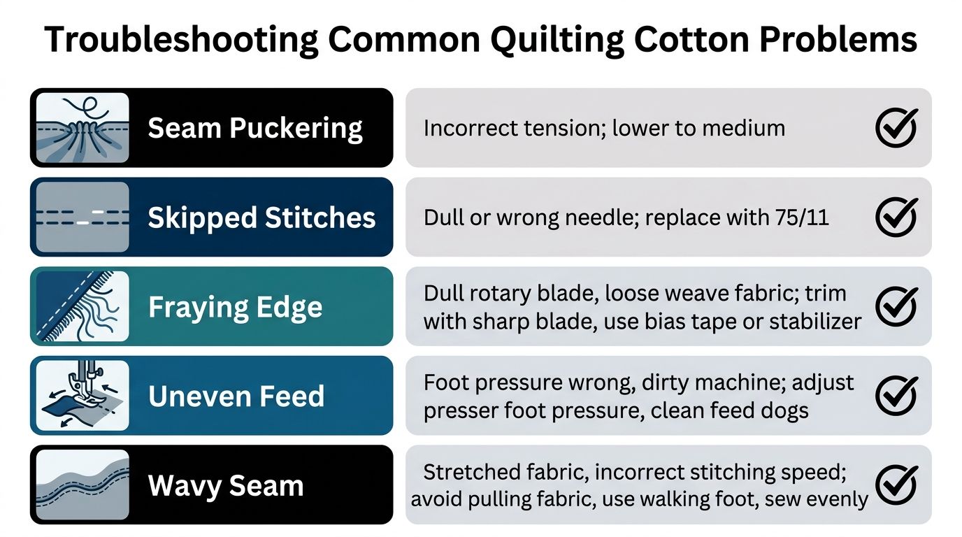 A troubleshooting chart for quilting cotton problems including seam puckering, skipped stitches, fraying, uneven feed, and wavy seams.