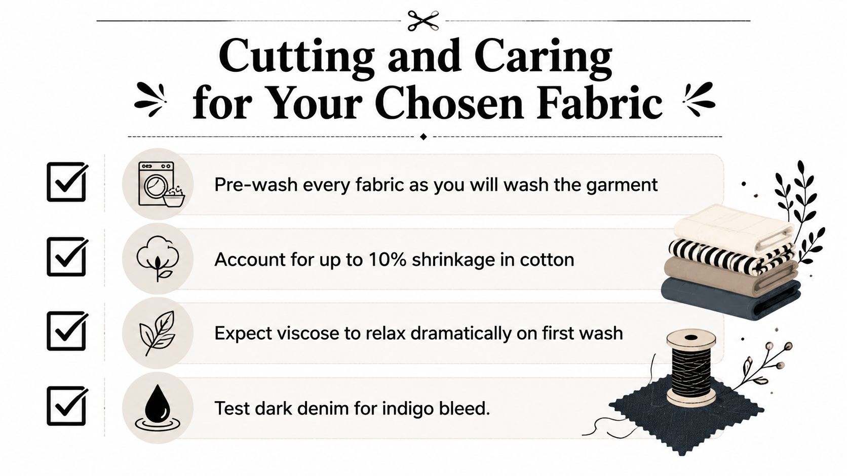 A checklist infographic with tips on how to wash and care for different types of clothing fabric.