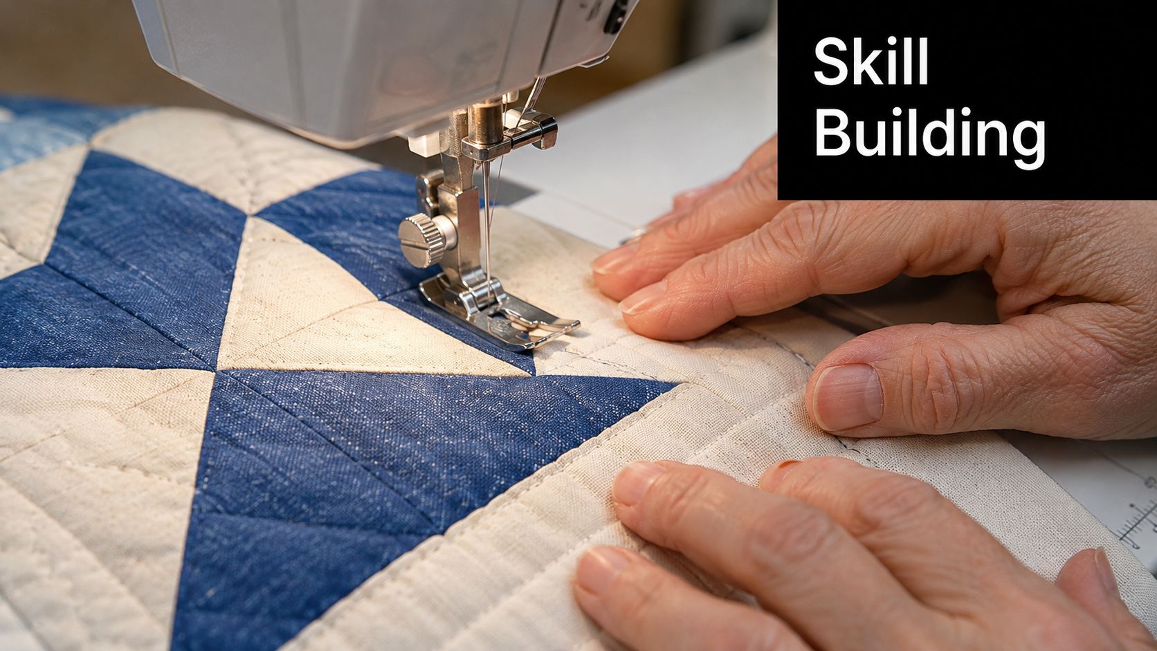 A close-up view of hands guiding a blue and white fabric quilt under a sewing machine needle.