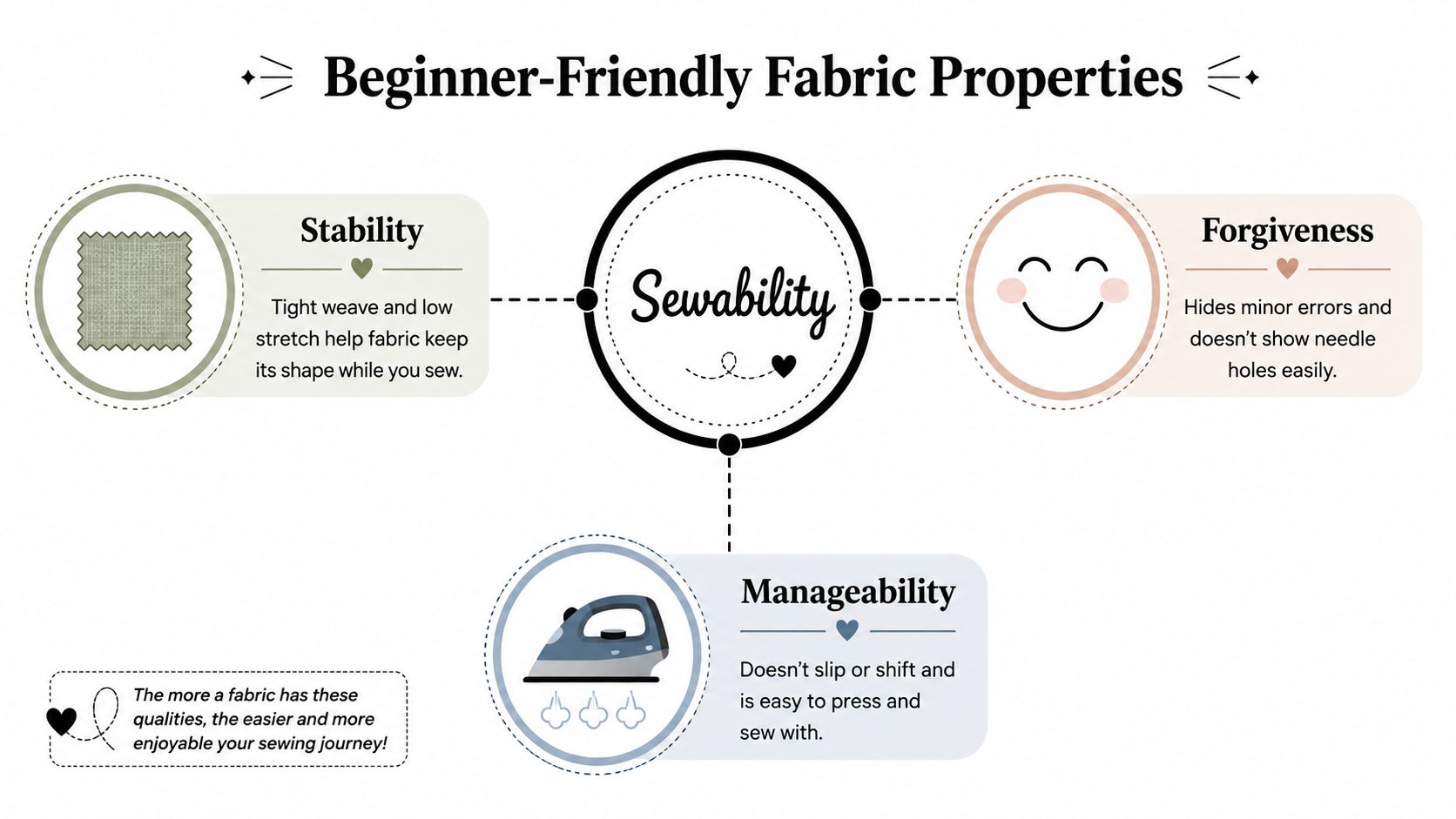 An infographic titled Beginner-Friendly Fabric Properties detailing stability, forgiveness, and manageability as key factors for sewing.