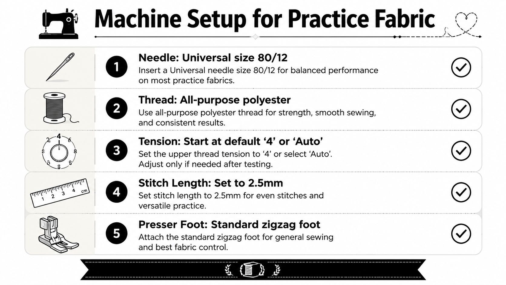 A guide showing five essential sewing machine settings for practicing on new fabric with clear instructions.