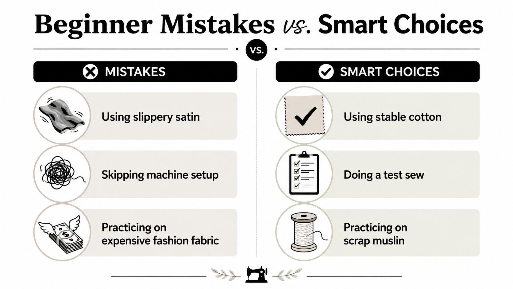 A comparison chart highlighting common sewing mistakes versus smart choices for beginners, including fabric and practice tips.