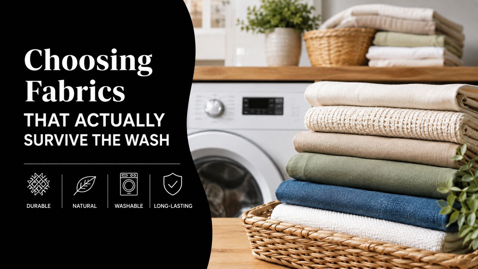 A stack of folded clothes in a basket in front of a washing machine for laundry tips.
