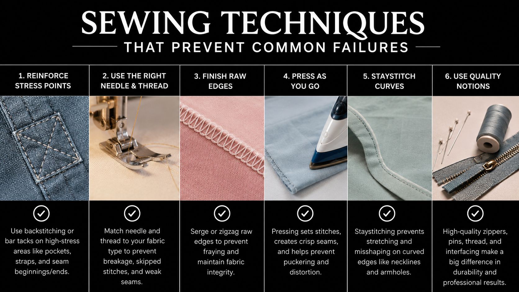 A six-step infographic titled Sewing Techniques That Prevent Common Failures with icons and explanatory text.