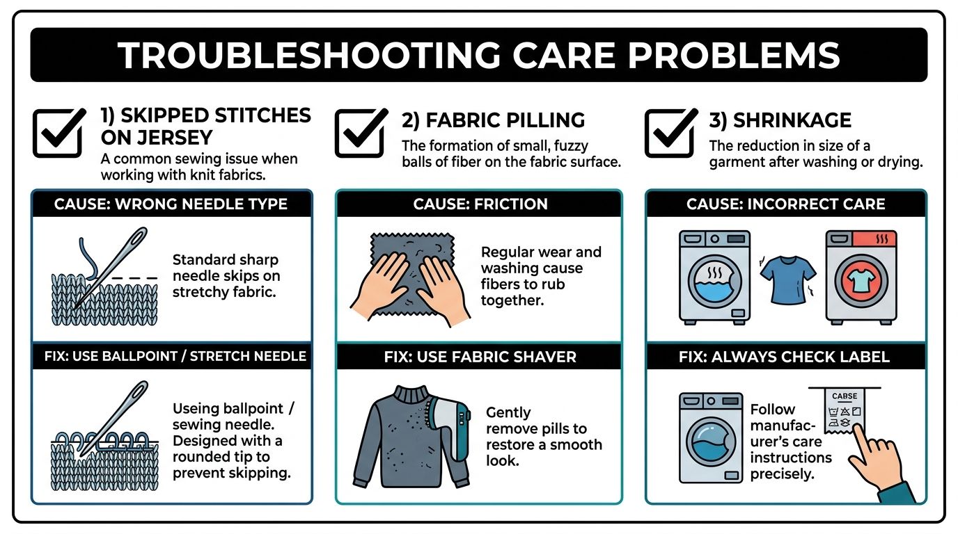 An infographic titled Troubleshooting Care Problems explaining causes and fixes for skipped stitches, fabric pilling, and shrinkage.