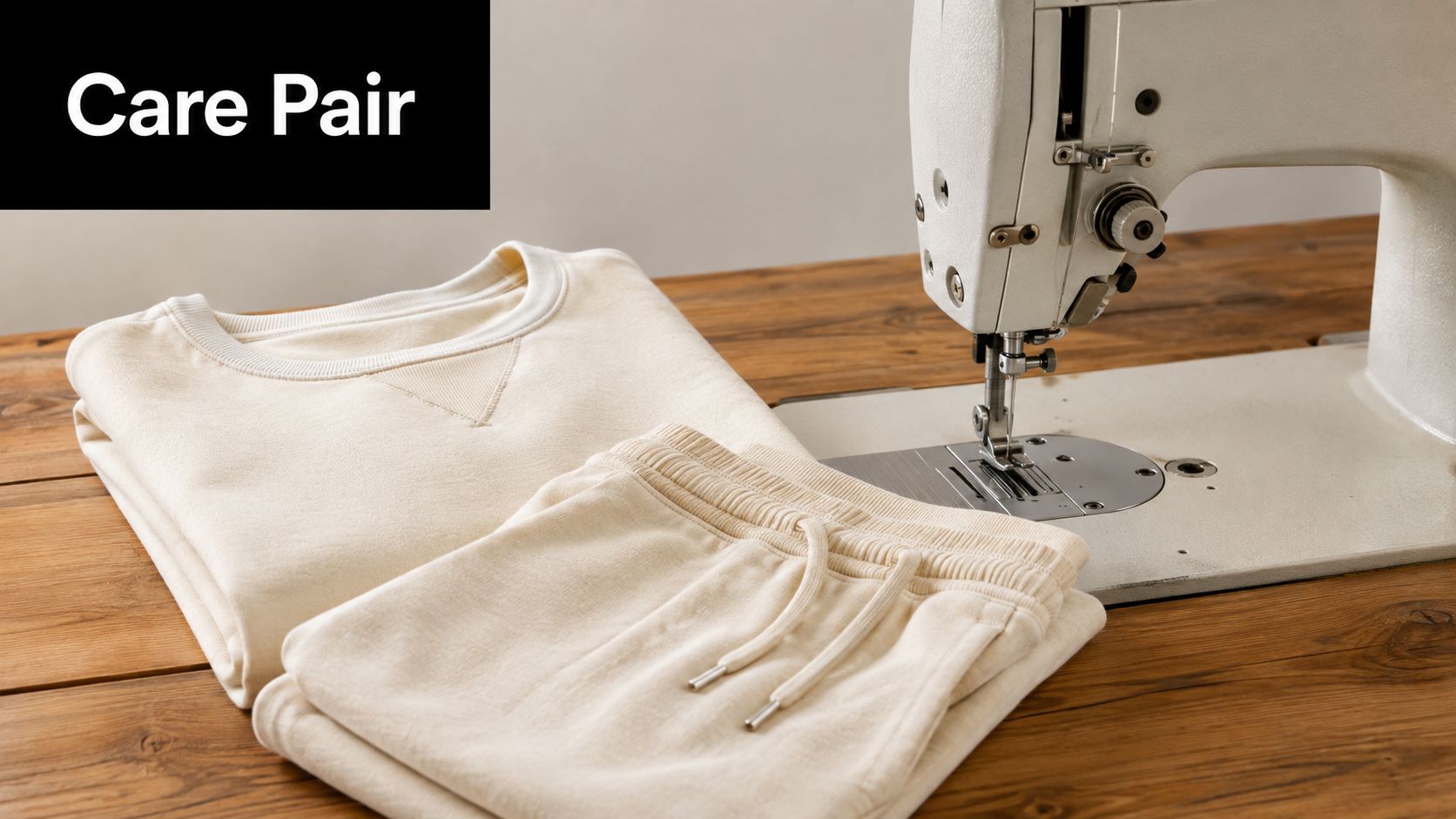 A beige crewneck sweatshirt and matching sweatpants resting on a wooden table next to a sewing machine.