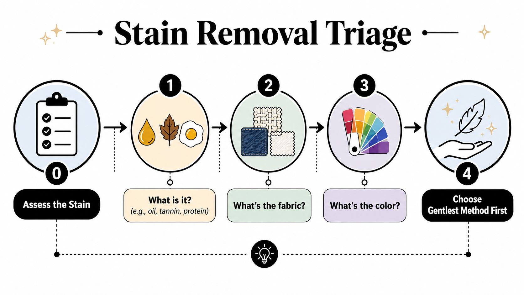 A five-step infographic showing a process for stain removal triage on various clothing and fabric items.