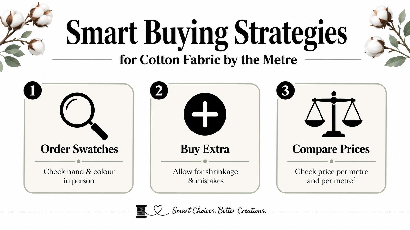 A graphic providing three smart buying strategies for purchasing cotton fabric by the metre, featuring cotton branch illustrations.