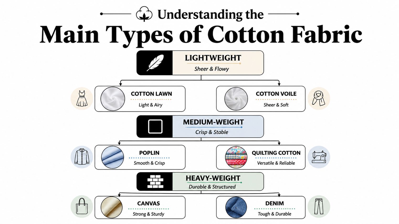 A chart illustrating the three main weight categories of cotton fabrics, including specific examples for each type.