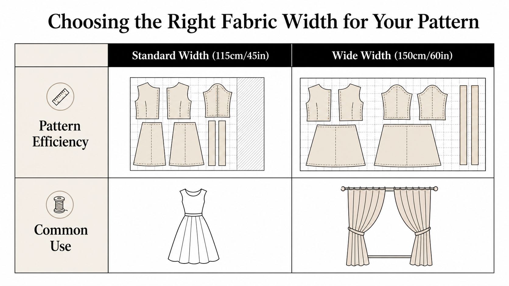 A comparison chart showing pattern layout efficiency between standard 115cm fabric and wide 150cm fabric widths.