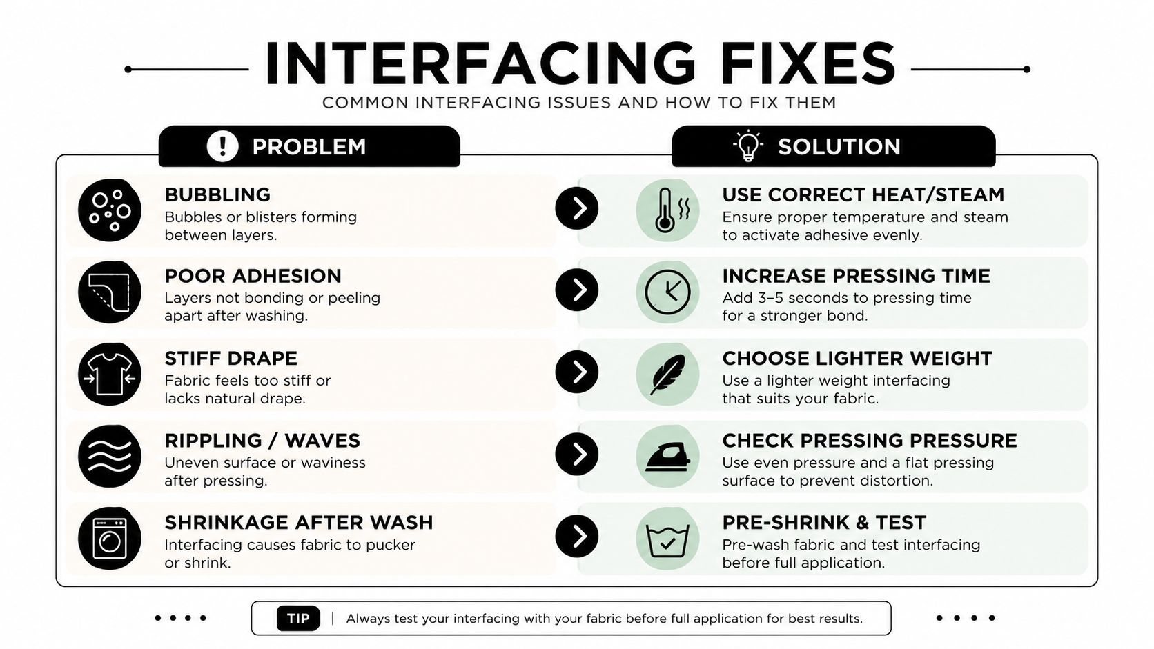 A helpful infographic outlining common sewing interfacing problems and effective solutions for professional fabric bonding results.