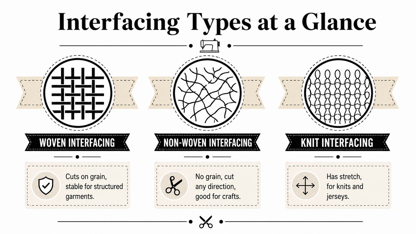 A visual guide explaining the three main types of fabric interfacing: woven, non-woven, and knit.
