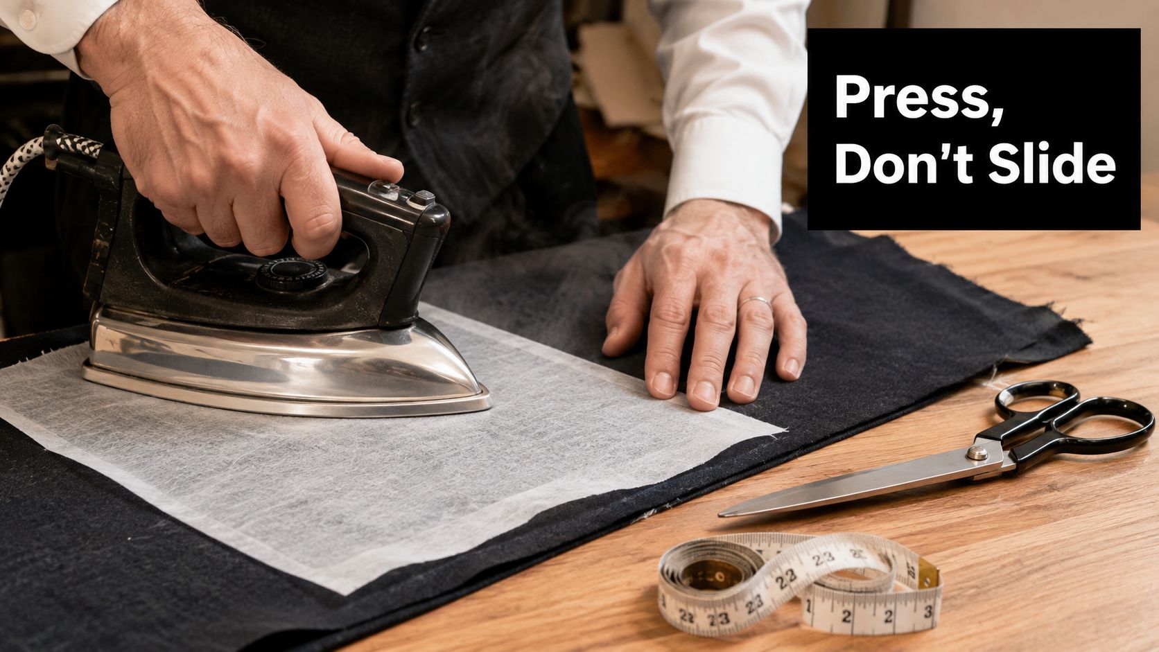 A tailor presses fusible interfacing onto dark fabric using a hot iron on a wooden table.