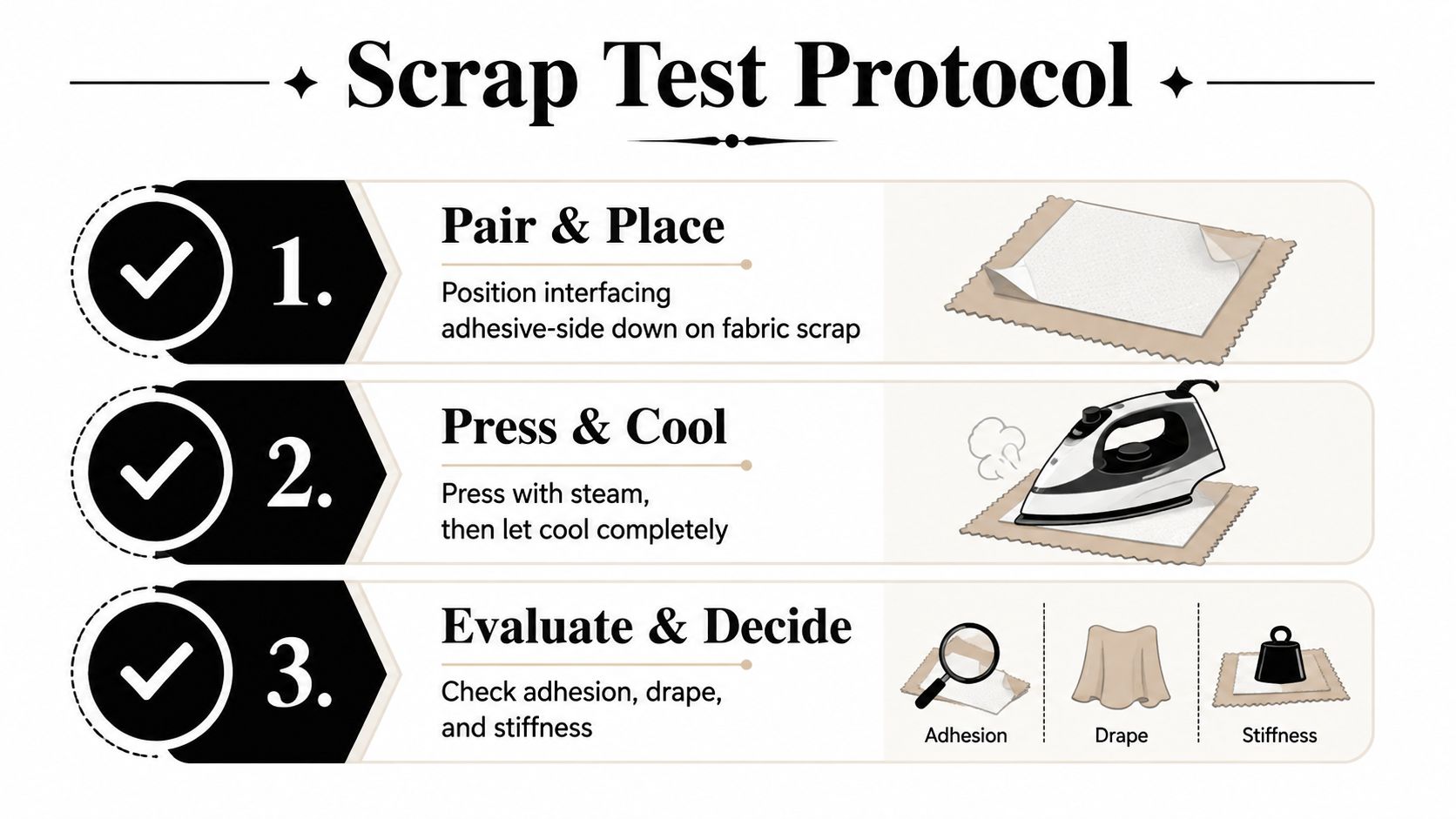 A three-step infographic showing how to test fabric interfacing with an iron on a scrap piece.