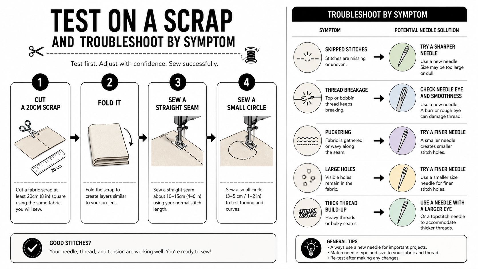 A helpful infographic guide explaining how to test fabric scraps and troubleshoot sewing machine needle issues.
