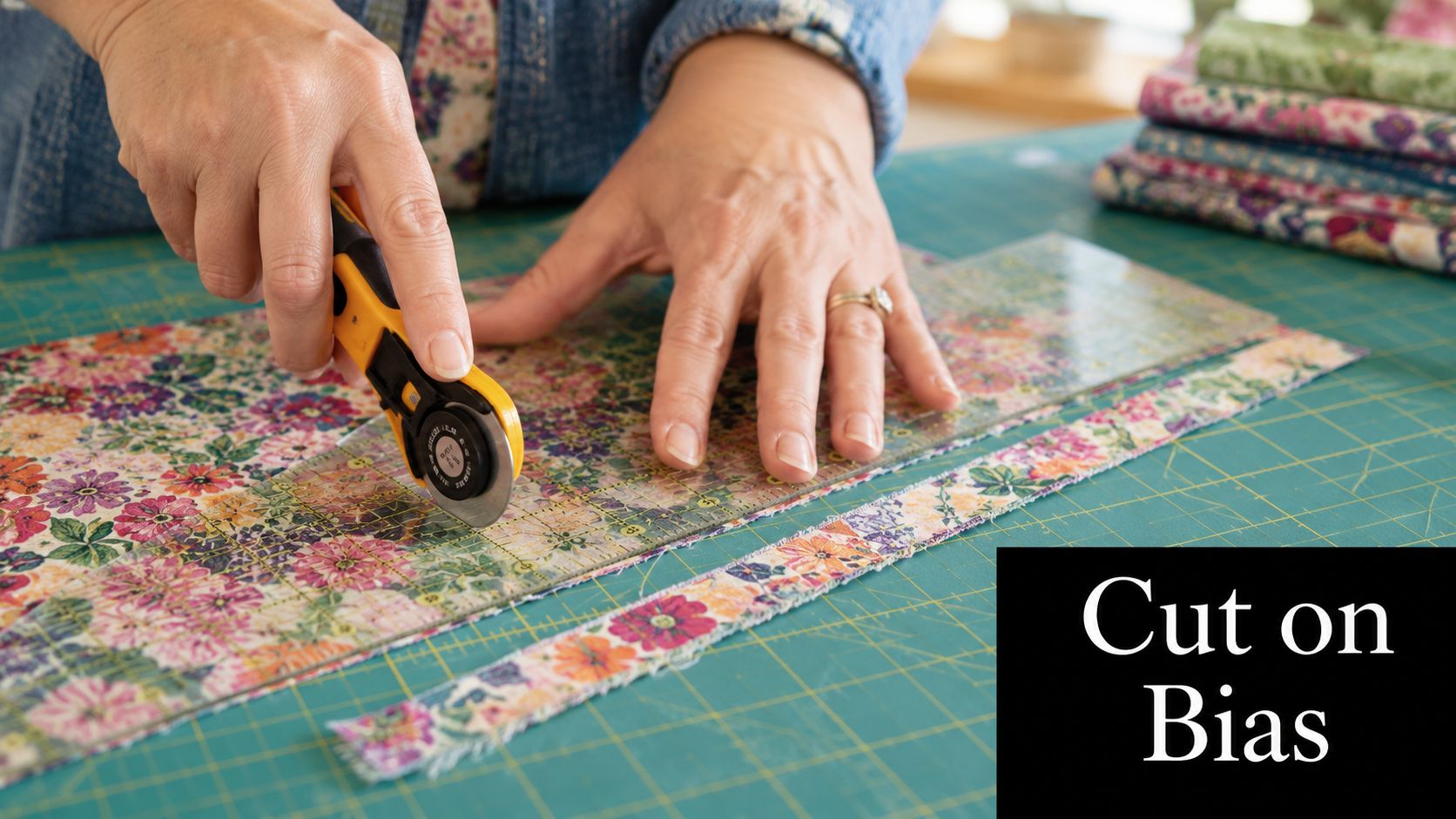 A close-up of a person's hands using a rotary cutter and ruler to cut patterned fabric.