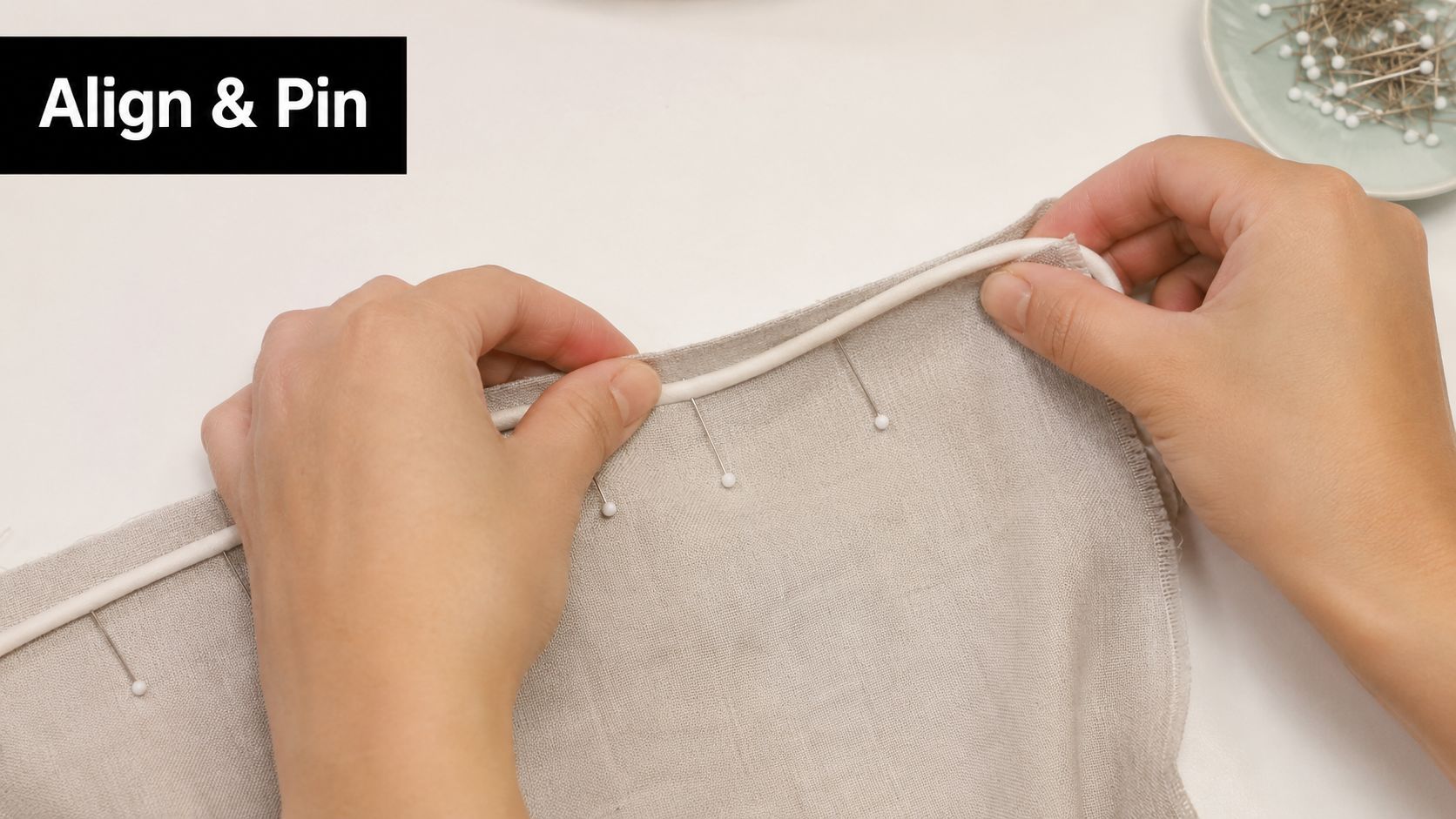 A close-up view of hands aligning and pinning white piping cord onto light beige fabric.