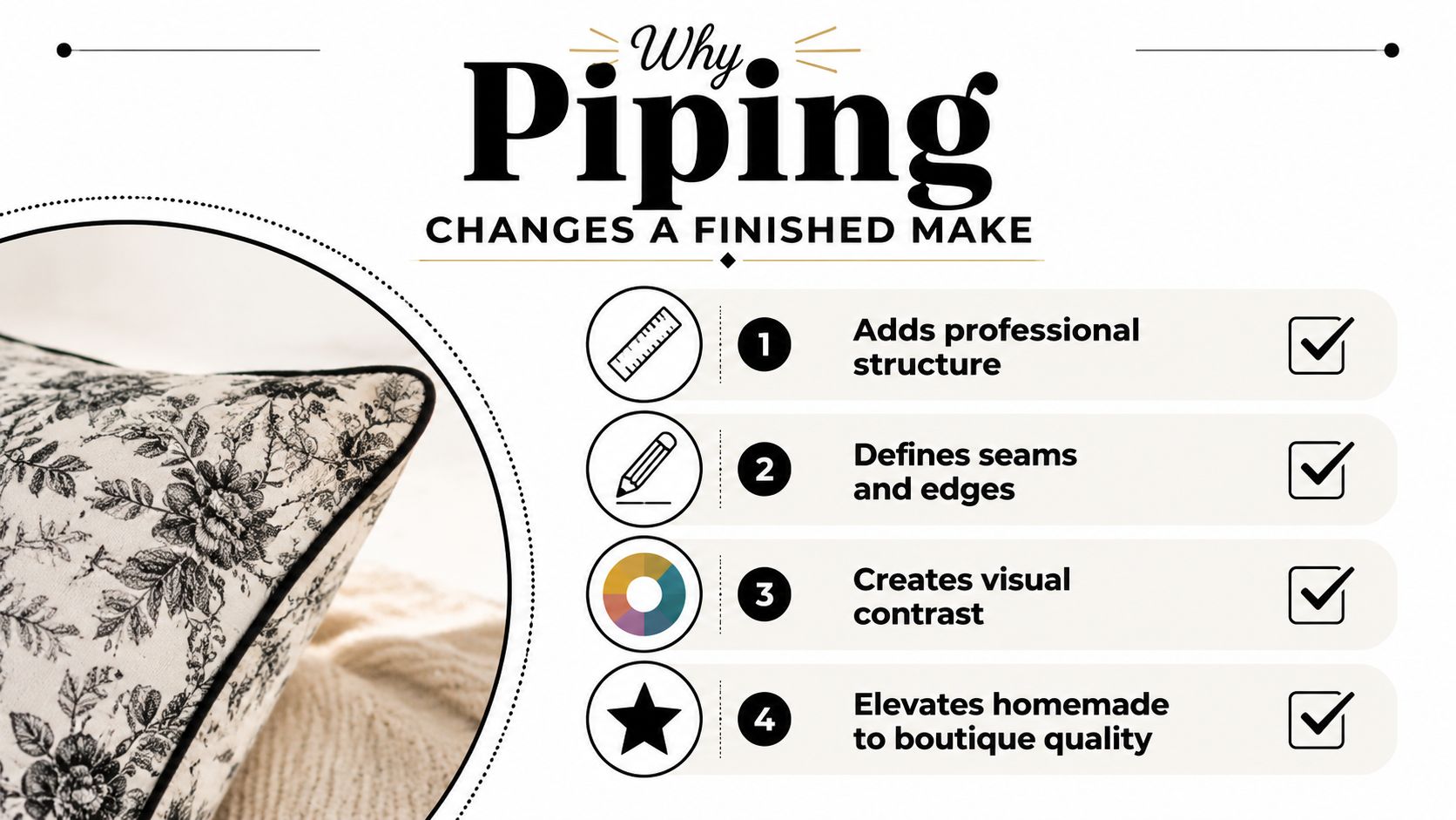 An infographic showing four key benefits of using piping for sewing projects to improve finished quality.