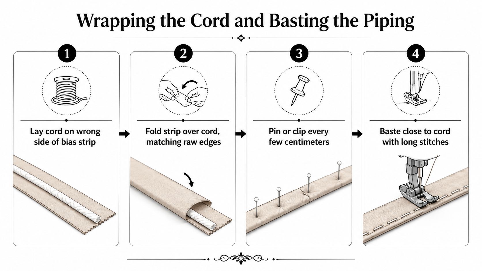 A four-step tutorial graphic illustrating how to create piping by wrapping a cord with fabric.