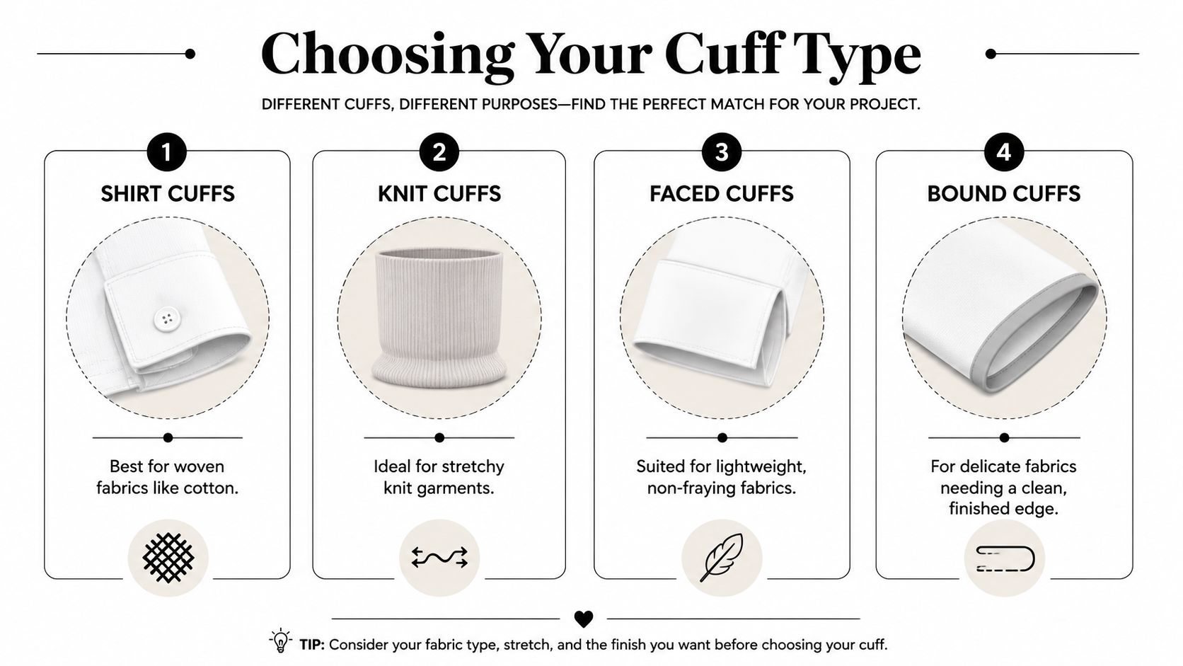 A sewing guide illustration explaining the four different types of cuffs for various garment fabrics and projects.