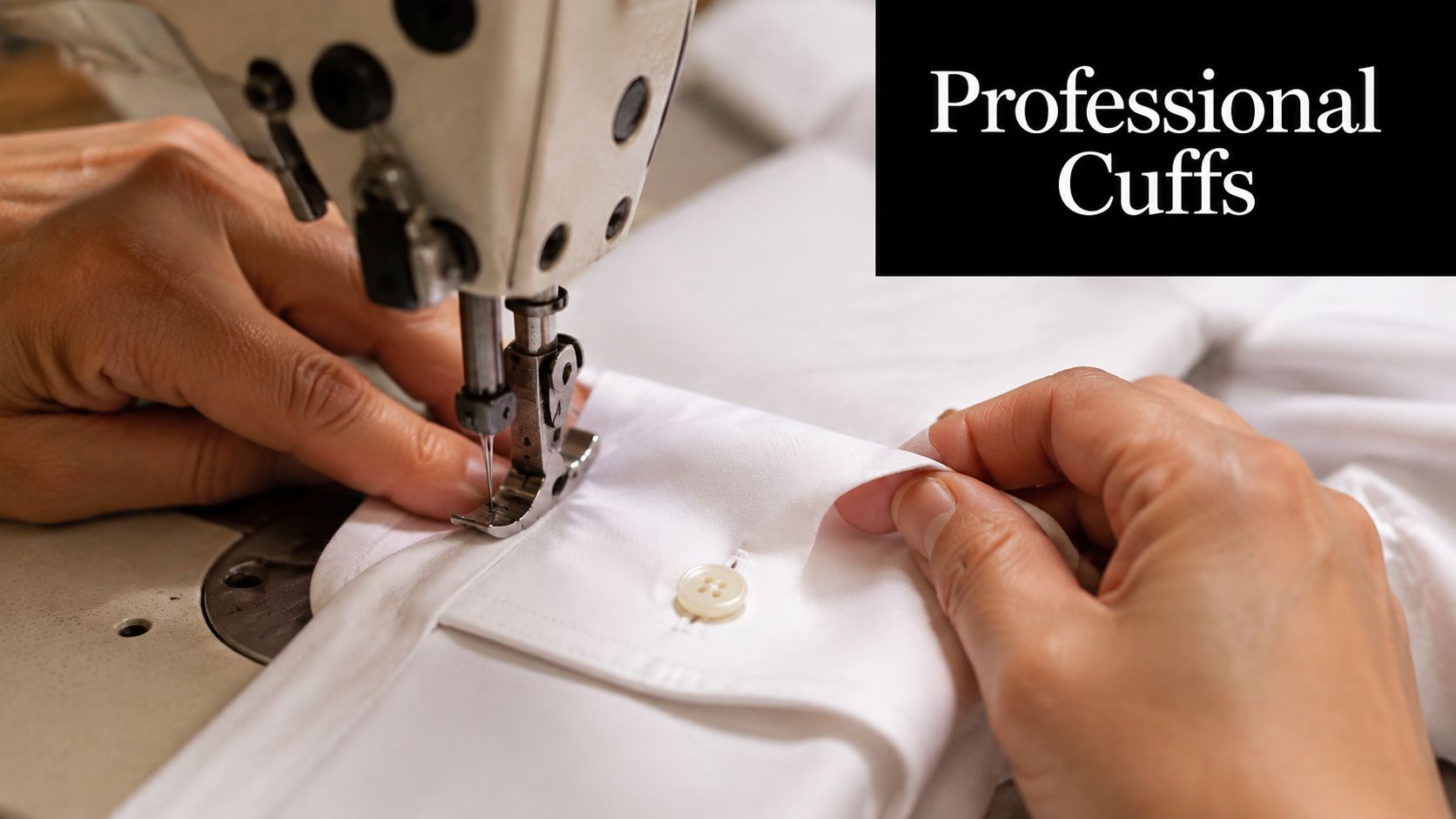 A close-up of a tailor hands sewing a professional white shirt cuff on a sewing machine.