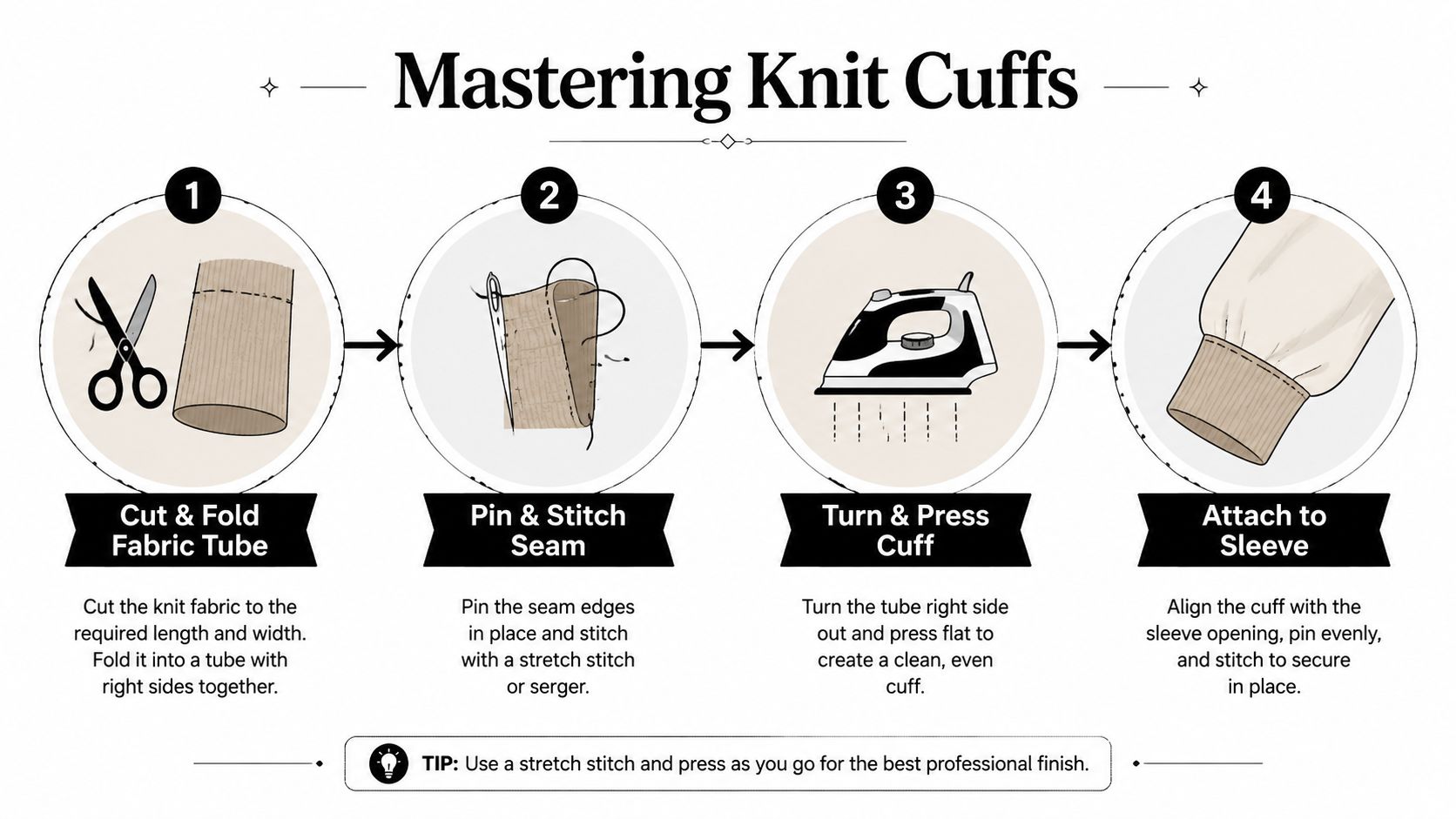 A step-by-step instructional graphic demonstrating how to sew a knit fabric sleeve cuff using four simple stages.