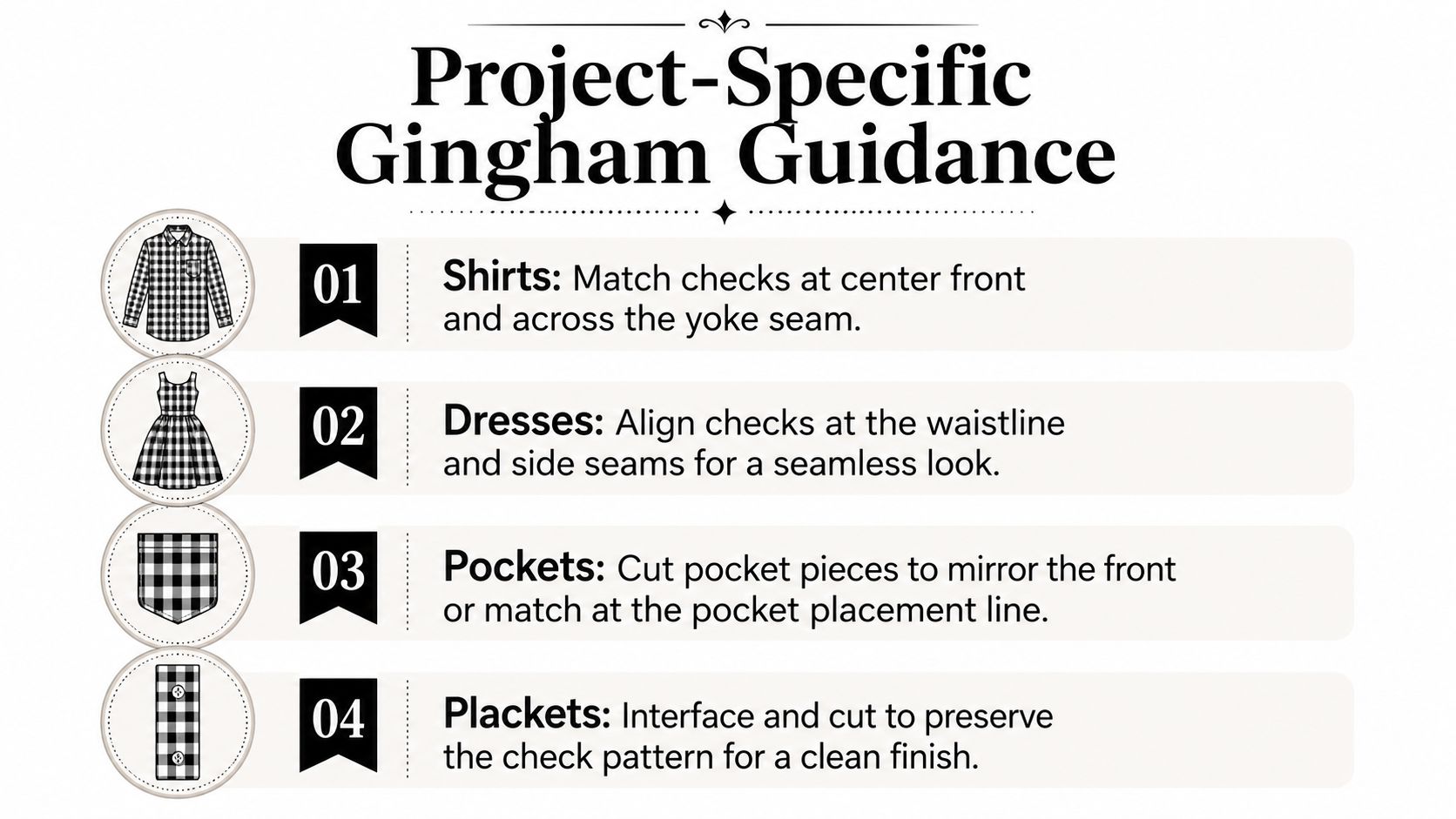 An instructional graphic providing tips for sewing with gingham fabric, covering shirts, dresses, pockets, and plackets.