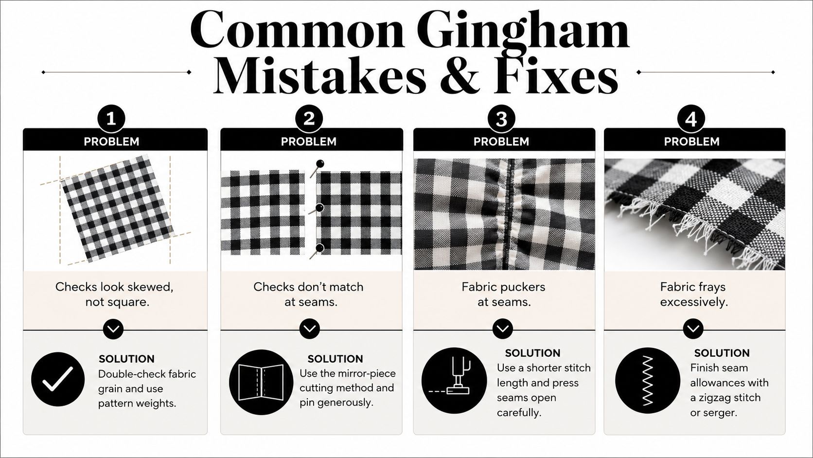 An infographic titled Common Gingham Mistakes and Fixes, outlining four common sewing problems and their solutions.