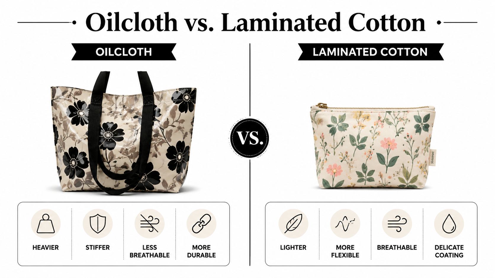 A comparison infographic featuring oilcloth and laminated cotton bags with descriptions of their material properties.