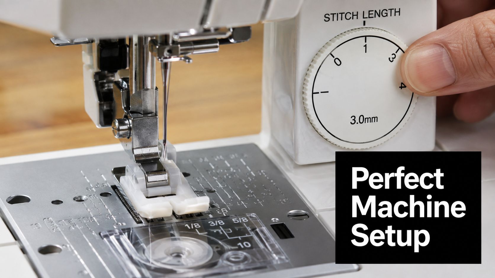 A close-up view of a sewing machine dial being adjusted for stitch length, emphasizing proper machine settings.