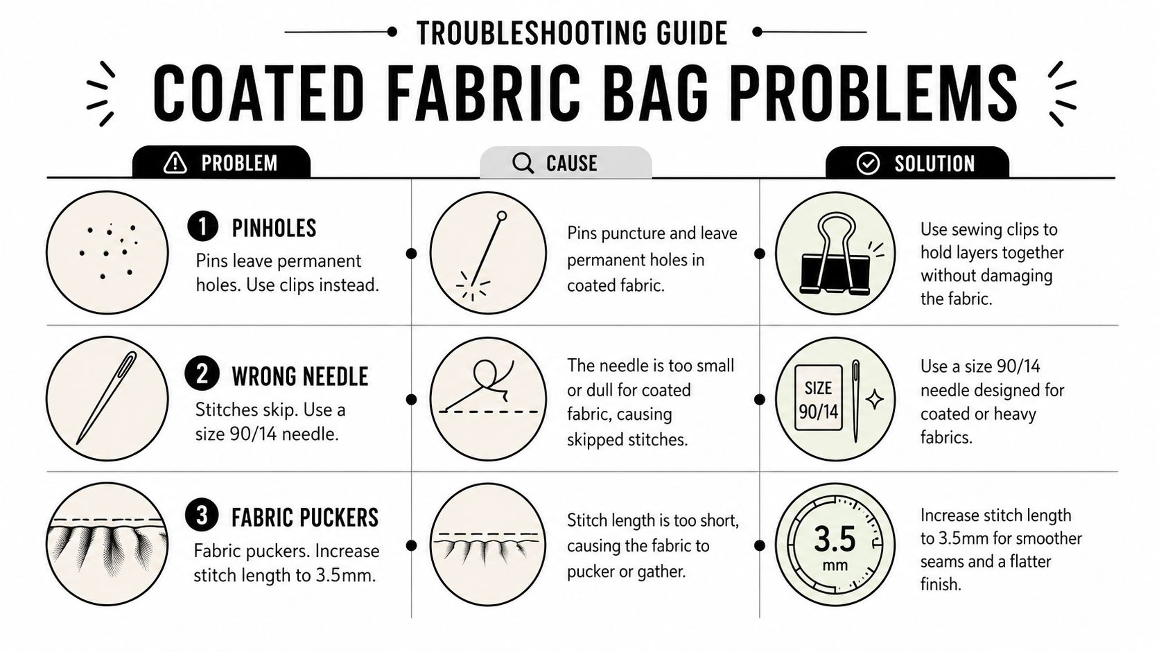 A troubleshooting guide chart for sewing coated fabric bags, addressing pinholes, wrong needles, and fabric puckering issues.