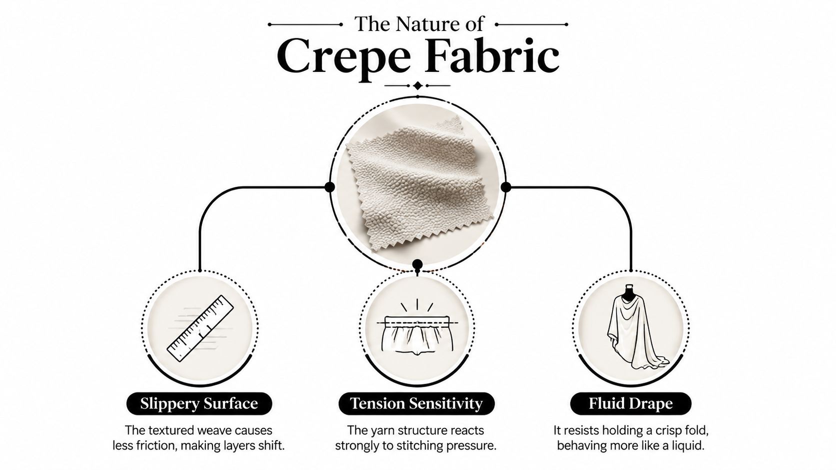 An infographic titled The Nature of Crepe Fabric showing characteristics like slippery surface, tension sensitivity, and fluid drape.