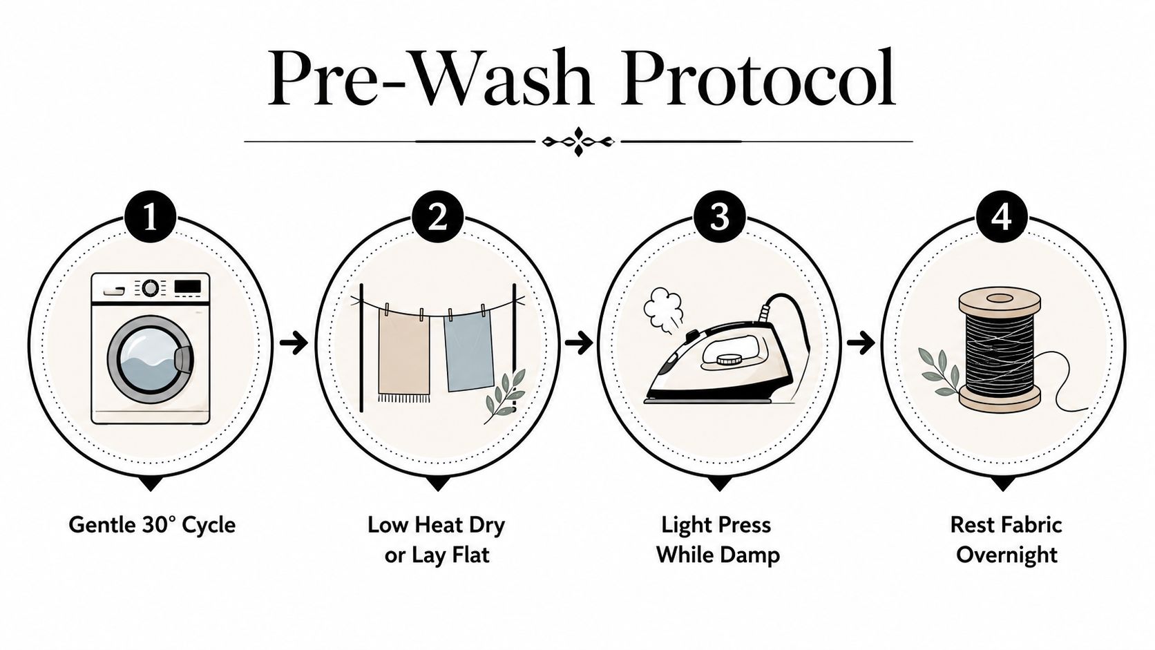 A step-by-step instructional graphic titled Pre-Wash Protocol showing four stages for preparing delicate fabrics.