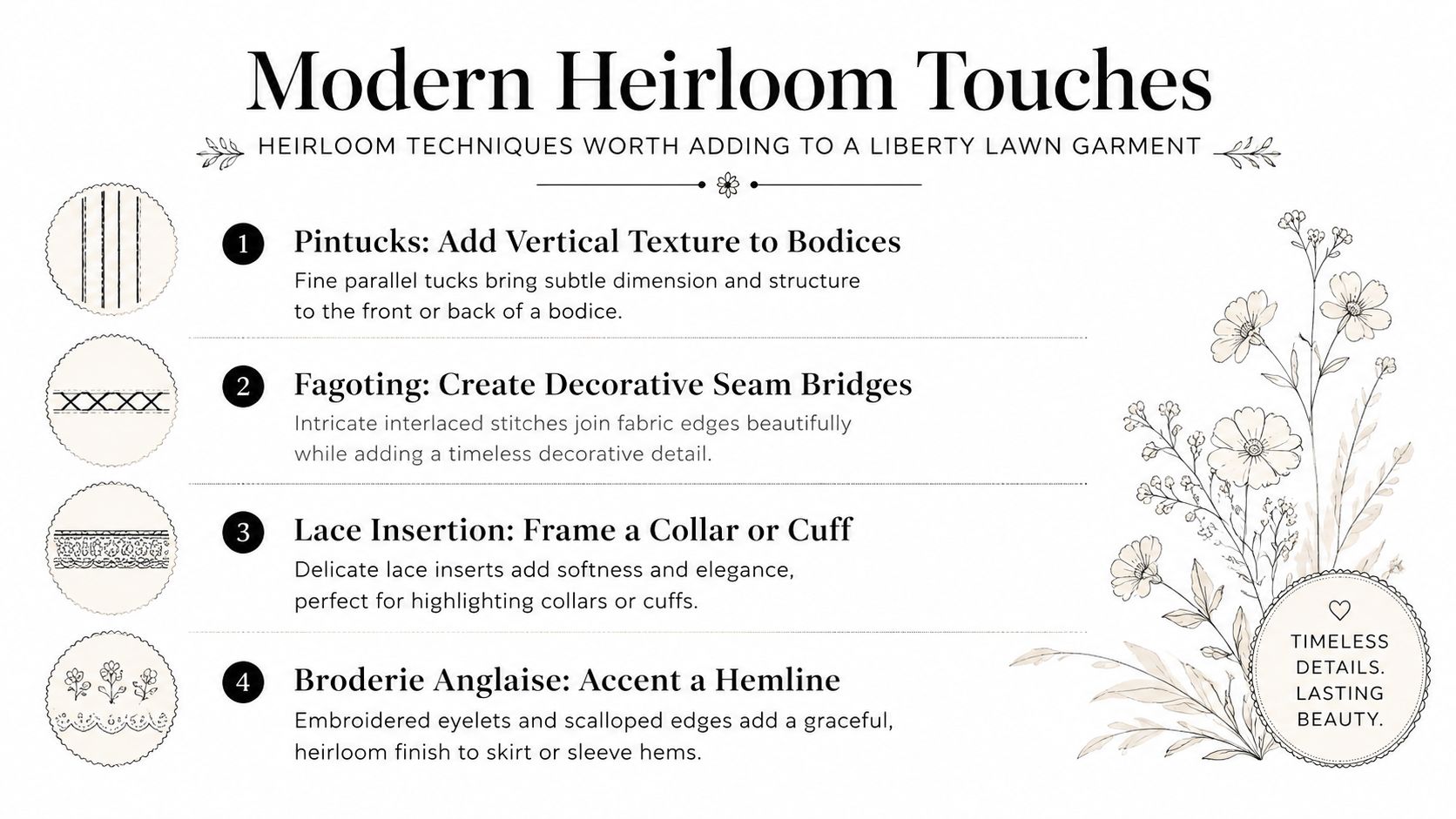 An infographic detailing four sewing techniques for Liberty lawn garments: pintucks, fagoting, lace insertion, and broderie anglaise.