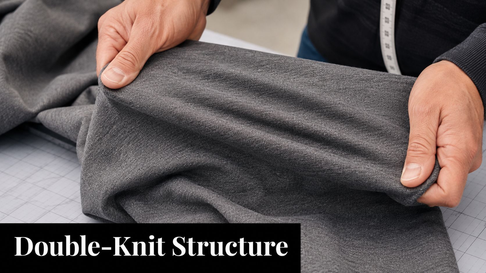 A pair of hands holding grey double-knit fabric on a sewing cutting mat in a workshop.
