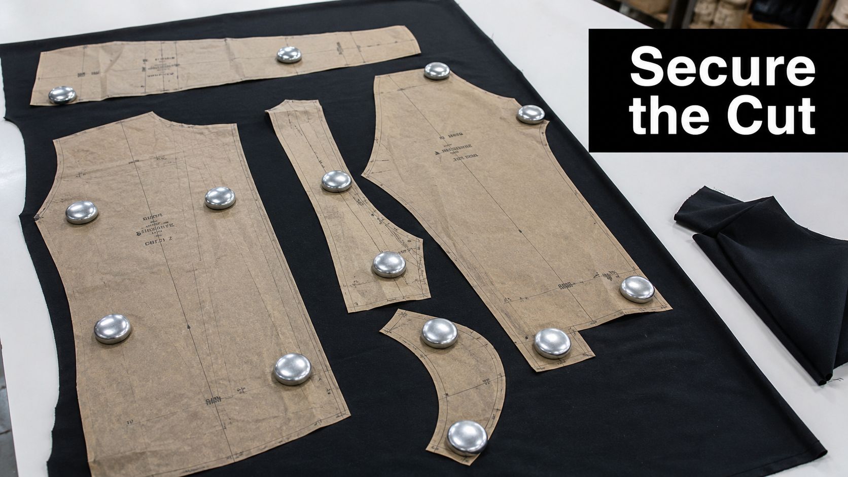 Pattern paper pieces pinned with metal weights on black fabric for sewing a garment layout.