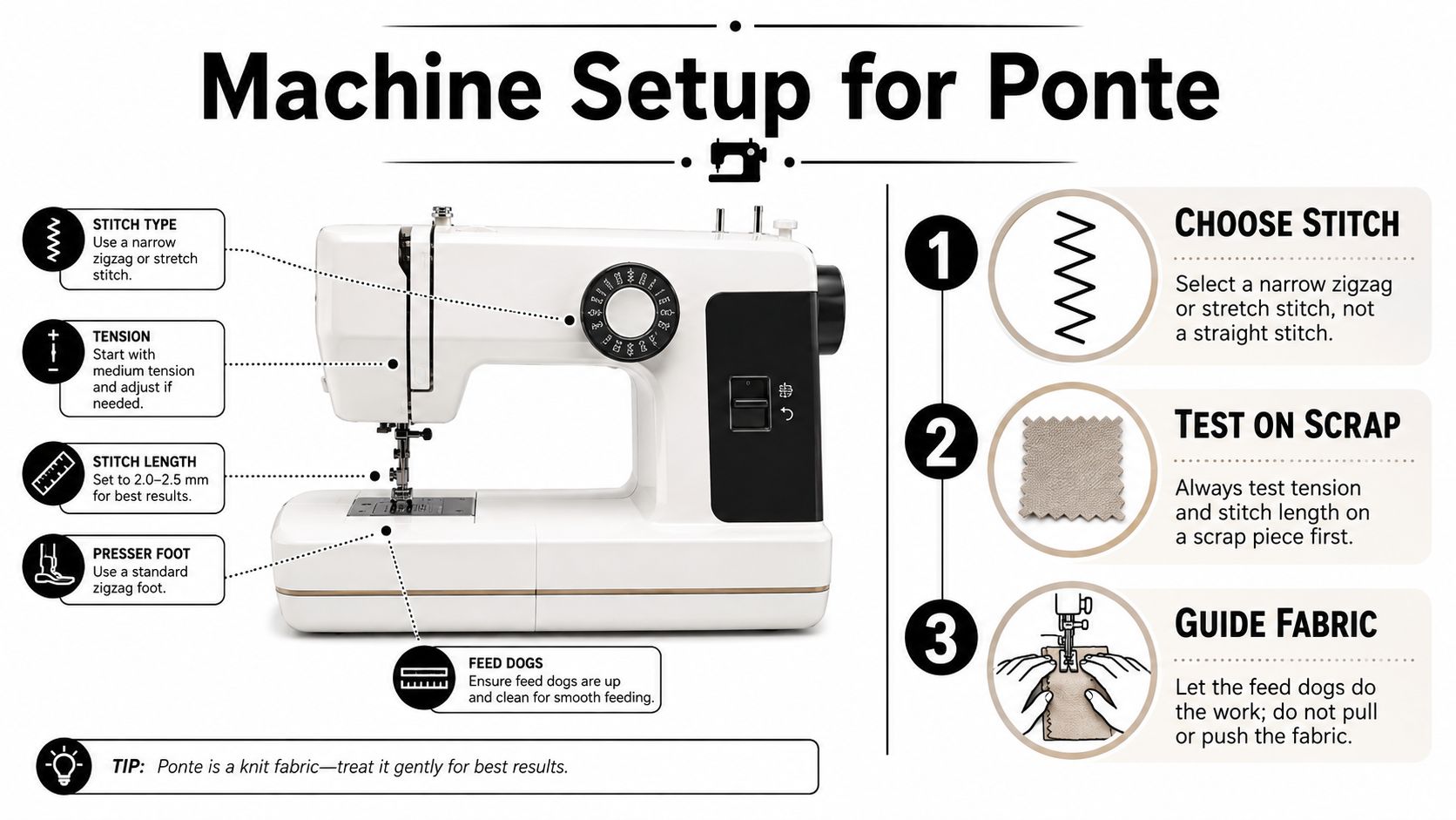 An infographic showing the machine setup steps for sewing with ponte knit fabric using a sewing machine.