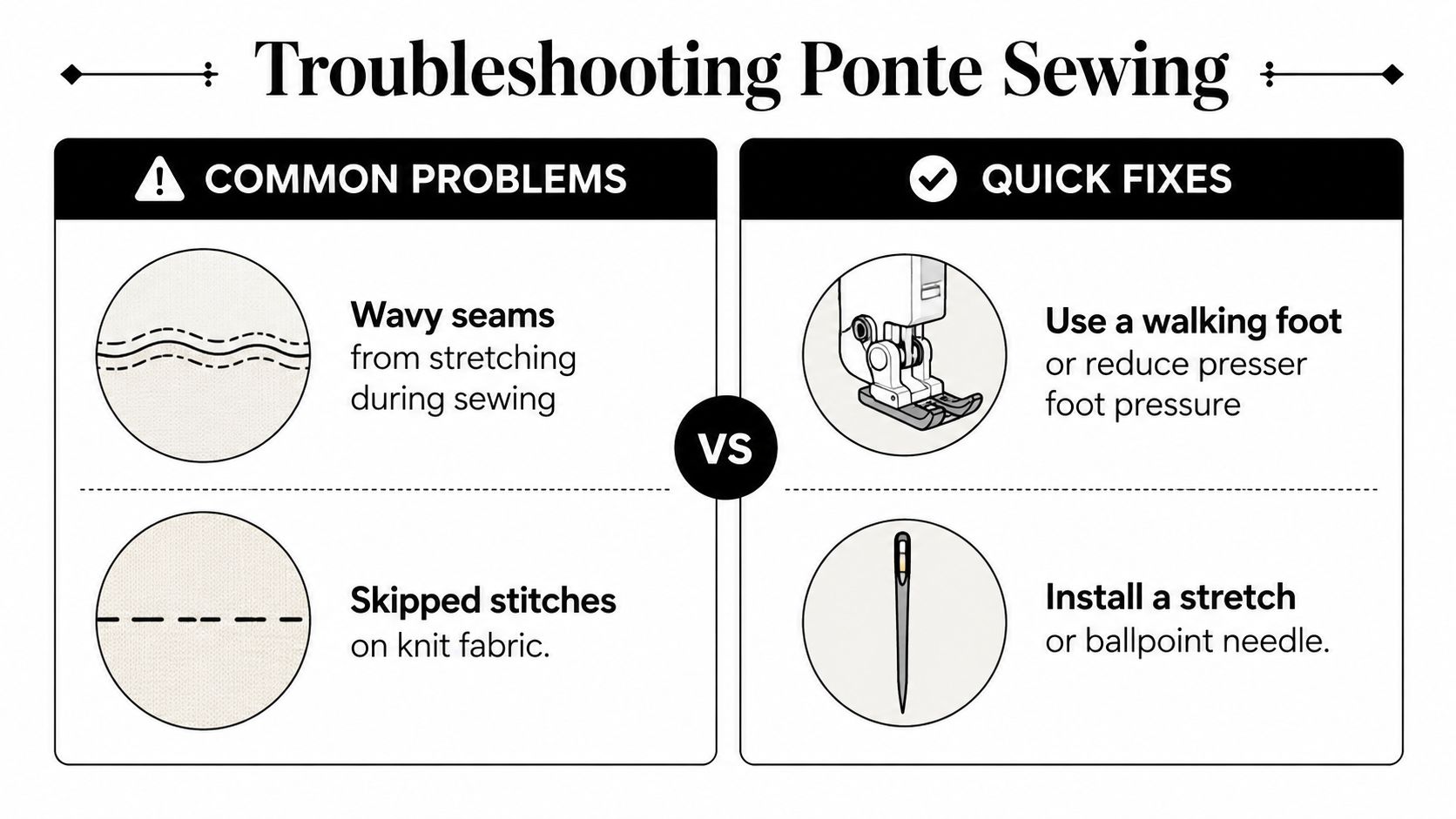 A troubleshooting guide infographic for sewing ponte fabric, showing common stitching problems and their practical solutions.