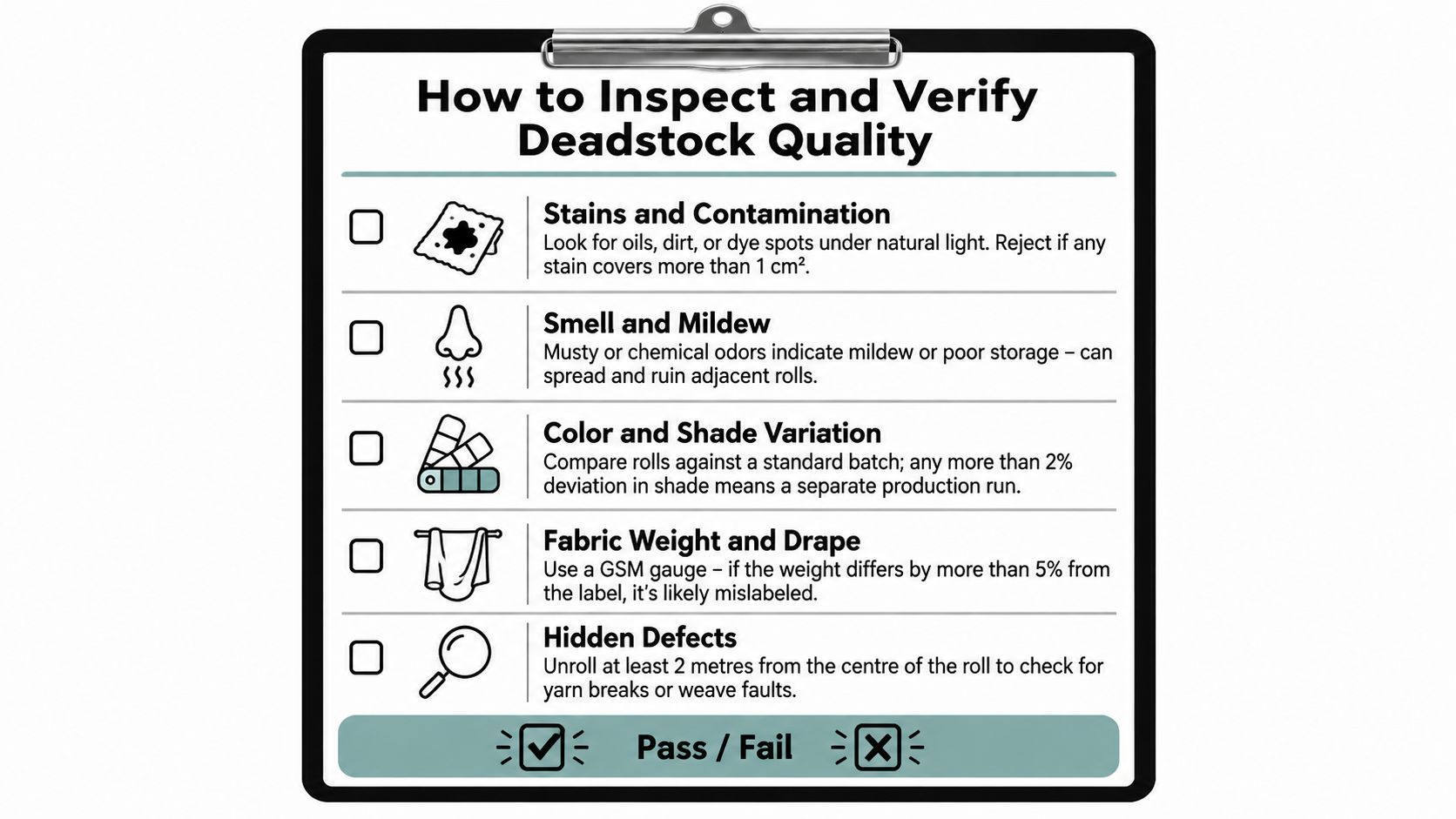 A checklist on a clipboard outlining the steps to inspect and verify the quality of deadstock fabric.