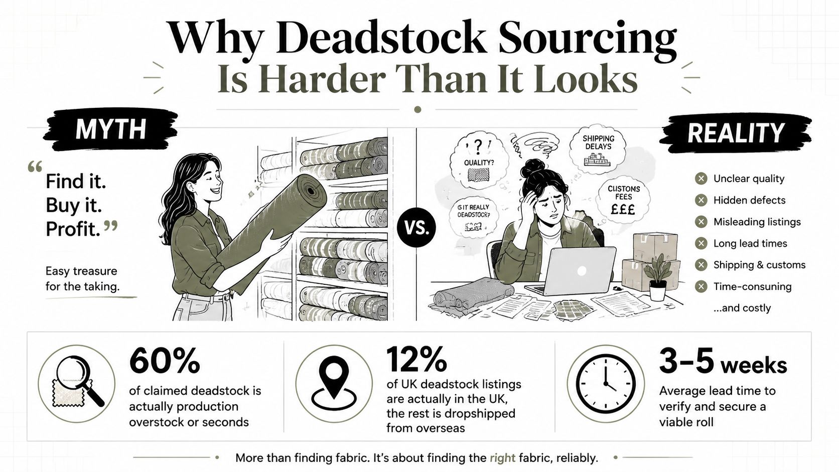 An infographic comparing the myth of easy deadstock fabric sourcing with the reality of complex supply chains.
