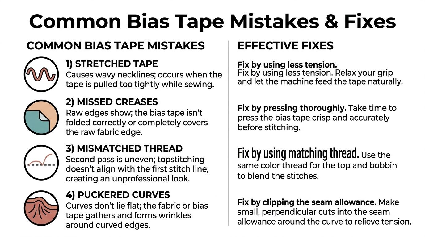 A helpful infographic explaining common bias tape mistakes like stretching, missed creases, and puckering with suggested fixes.