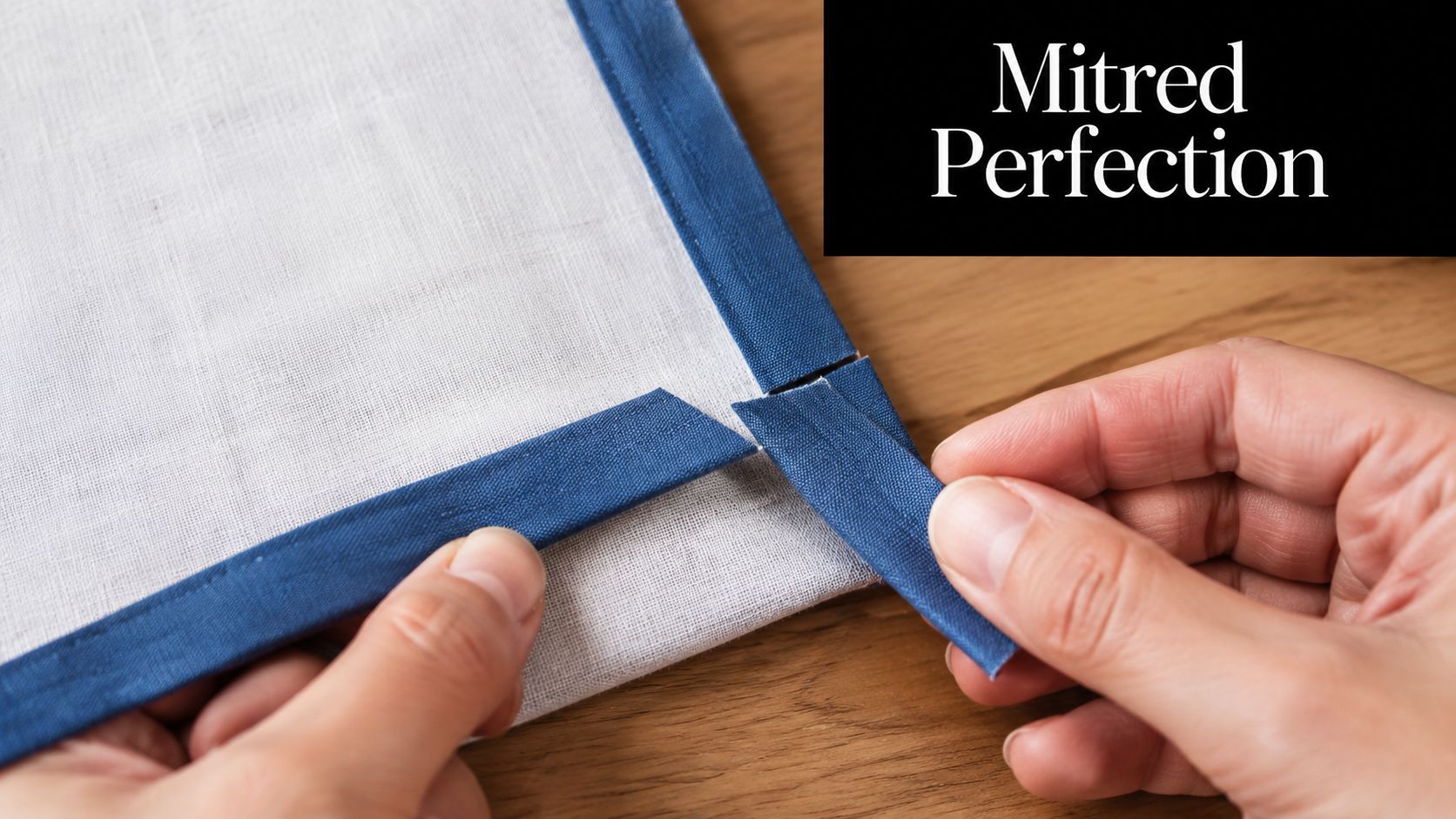 A pair of hands demonstrating how to create a mitered corner with blue fabric bias tape.