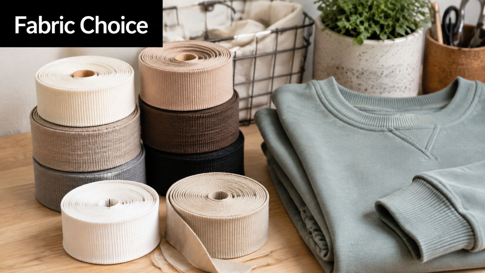 Several rolls of ribbed fabric trim next to a folded green sweatshirt on a wooden table.