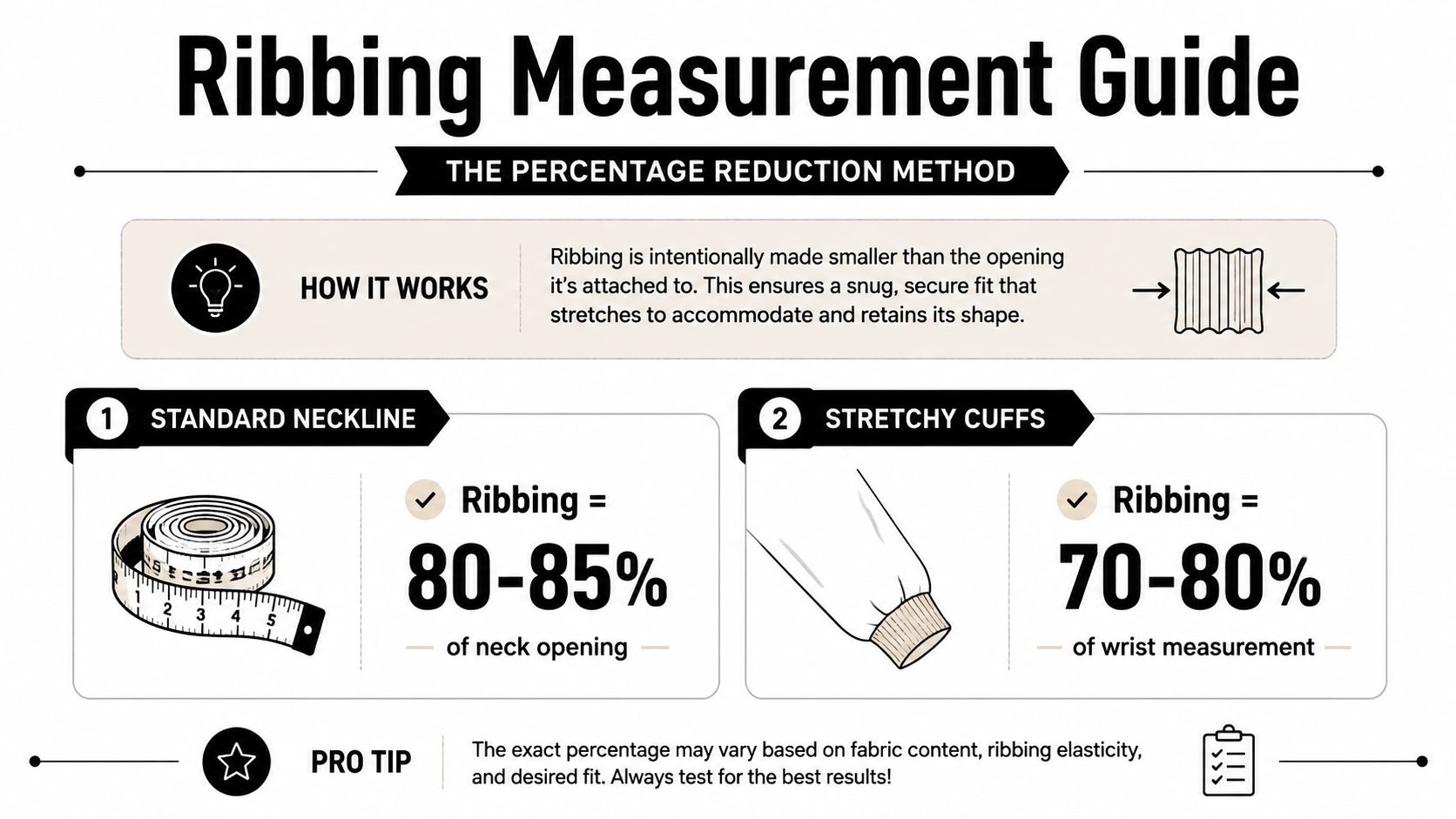 An instructional infographic detailing the percentage reduction method for measuring ribbing on garment necklines and cuffs.