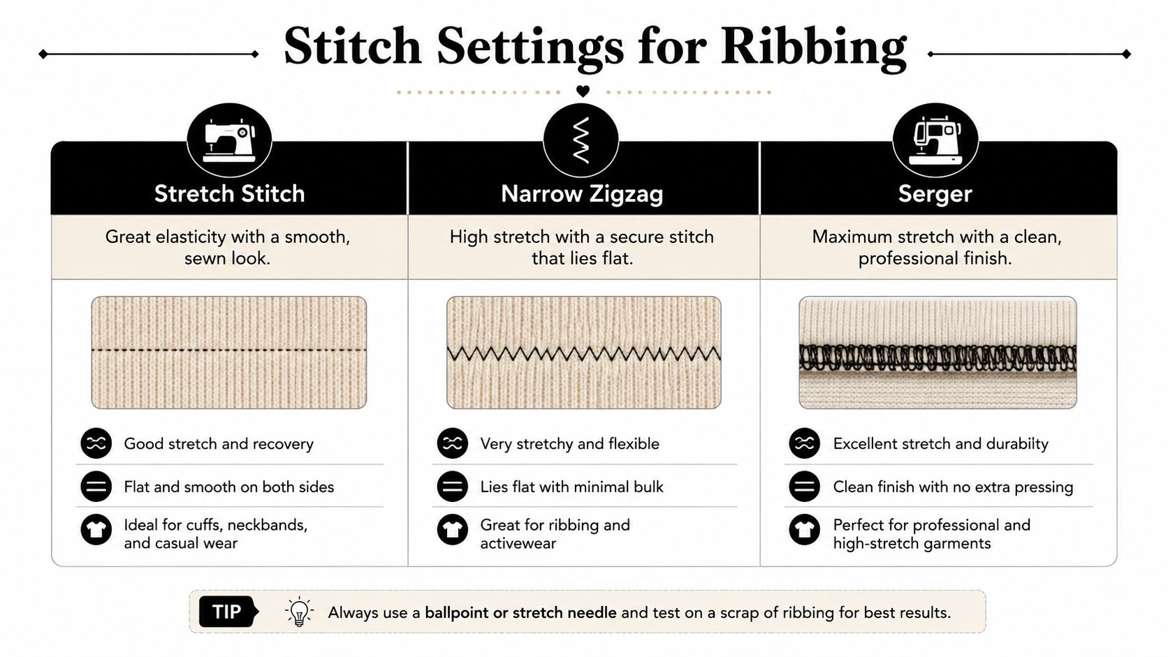 A sewing guide chart illustrating three stitch settings for ribbing: stretch stitch, narrow zigzag, and serger.