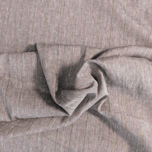 Chambray Linen Mix Fabric Chocolate, Pink & Metallic Lurex Stripe